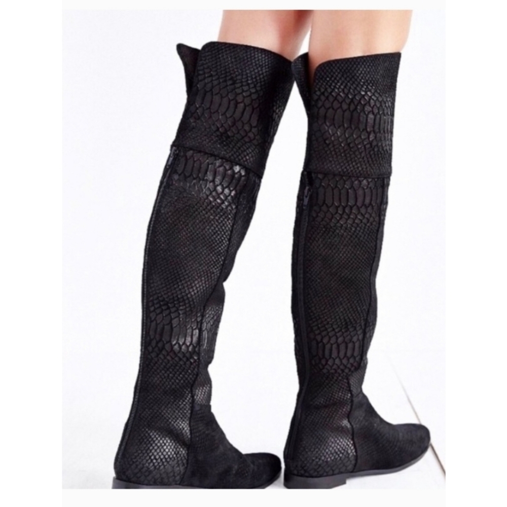 Seychelles Anthropologie Black Victory Croc Over The Knee Boots Leather Size 7